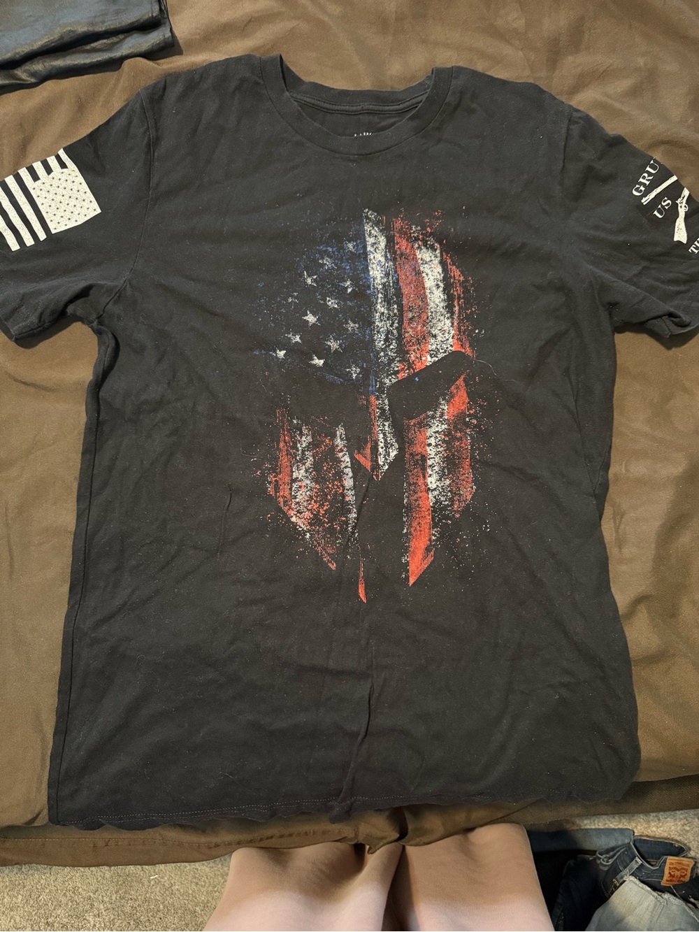 Grunt Style Black Short-Sleeve Tee with Red, White & Blue Spartan Flag Graphic
